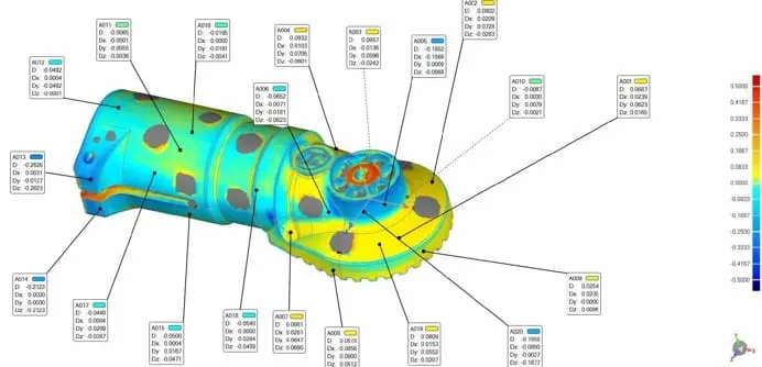 Skan 3D pierwszej próbki porównany z modelem CAD